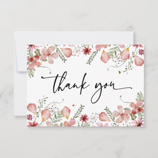 Elegant Pink Peach Wildflowers Watercolor Thank You Card (Front)