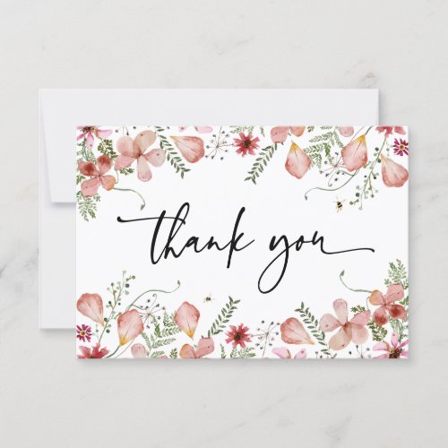 Elegant Pink Peach Wildflowers Watercolor Thank You Card