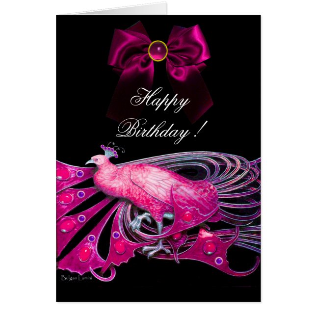 ELEGANT PINK PEACOCK,BOW,GEM STONE,Happy Birthday Cards (Front)
