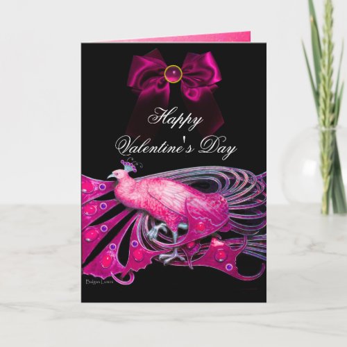 ELEGANT PINK PEACOCKBOWGEM STONEVALENTINES DAY HOLIDAY CARD