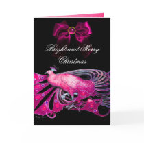 ELEGANT PINK PEACOCK, GEM STONES AND CHRISTMAS BOW HOLIDAY CARD
