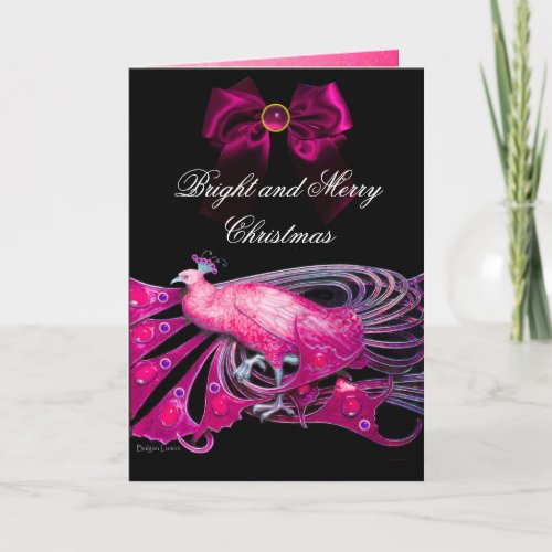 ELEGANT PINK PEACOCK GEM STONES AND CHRISTMAS BOW HOLIDAY CARD