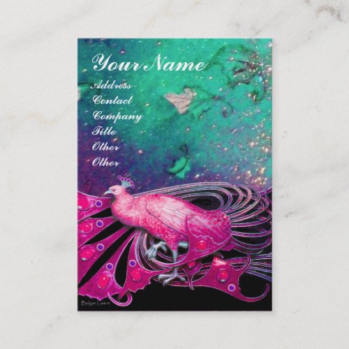 ELEGANT PINK PEACOCK IN GREEN BLUE FLORAL SPARKLES BUSINESS CARD