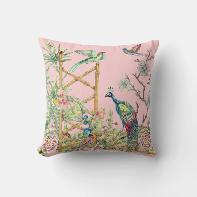 Elegant Pink Peacock in Oriental Flower Garden Throw Pillow (Front)