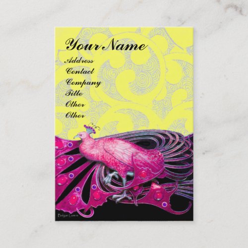 ELEGANT PINK PEACOCK JEWEL IN YELLOW FLORAL SWIRLS BUSINESS CARD