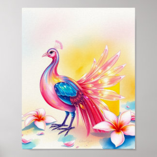 Elegant Pink Peacock Watercolor Poster