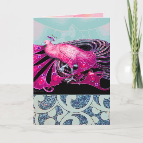 ELEGANT PINK PEACOCK WITH BLUE GEOMETRIC SWIRLS HOLIDAY CARD