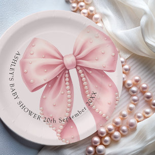 Elegant Pink Pearl Bow Baby Shower Paper Plates