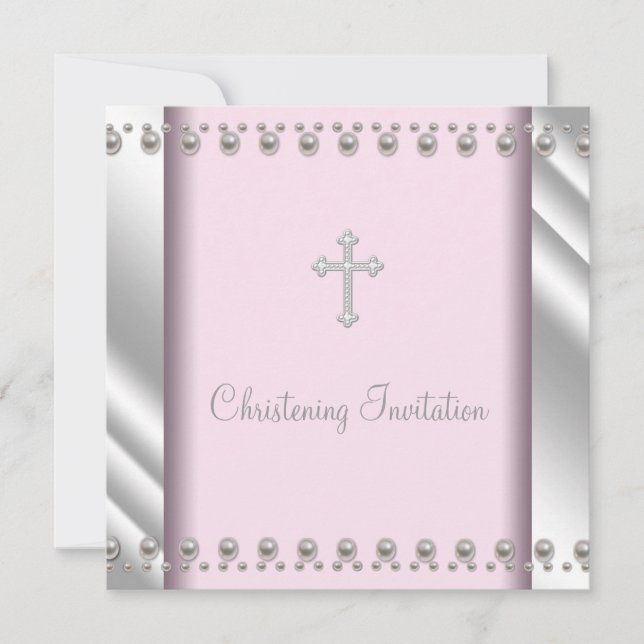 Elegant Pink Pearl Cross Christening Invitation (Front)