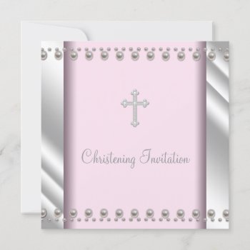 Elegant Pink Pearl Cross Christening Invitation by BabyCentral at Zazzle