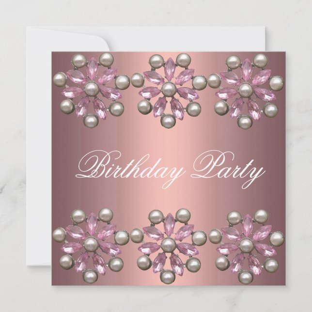 Elegant Pink Pearl & Gem Birthday Invitation (Front)