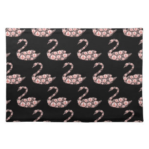 Elegant Pink Pearl Swan on Black Background Cloth Placemat