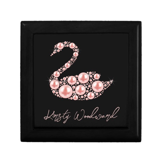 Elegant Pink Pearl Swan on Black Background Gift Box (Front)