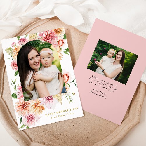 Elegant Pink Peonies 2 Photo Mothers Day Foil Holiday Card