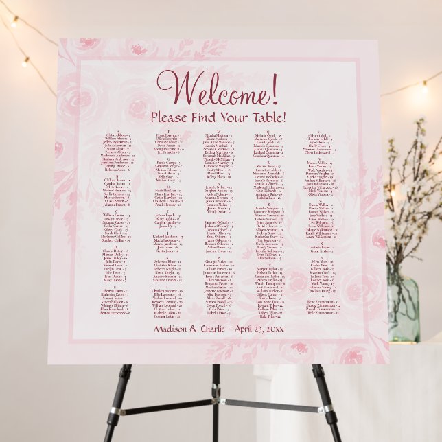 Elegant Pink Peonies Alphabetical Seating Chart Foam Board (In Situ (Stand))