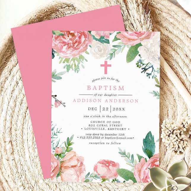 Elegant Pink Peonies Cross Botanical Baptism Invitation (Creator Uploaded)