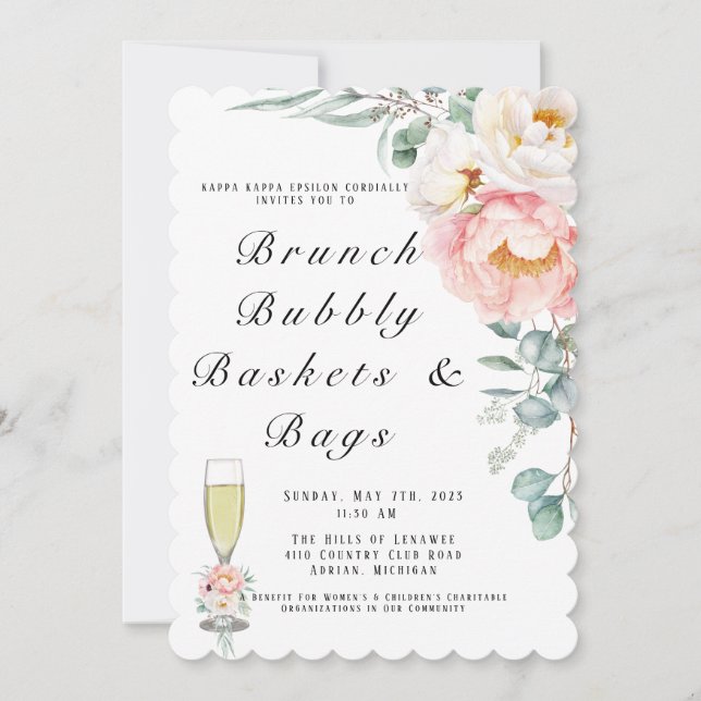 Elegant Pink Peonies Eucalyptus Brunch and Bubbly Invitation (Front)