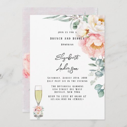 Elegant Pink Peonies Eucalyptus Brunch and Bubbly Invitation
