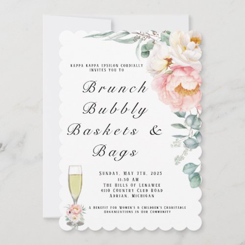 Elegant Pink Peonies Eucalyptus Brunch and Bubbly Invitation