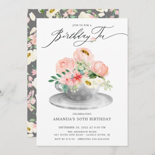 Elegant Pink Peonies Floral Birthday Tea Invitatio Invitation