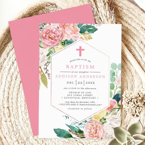 Elegant Pink Peonies Floral Geometric Cross Invitation