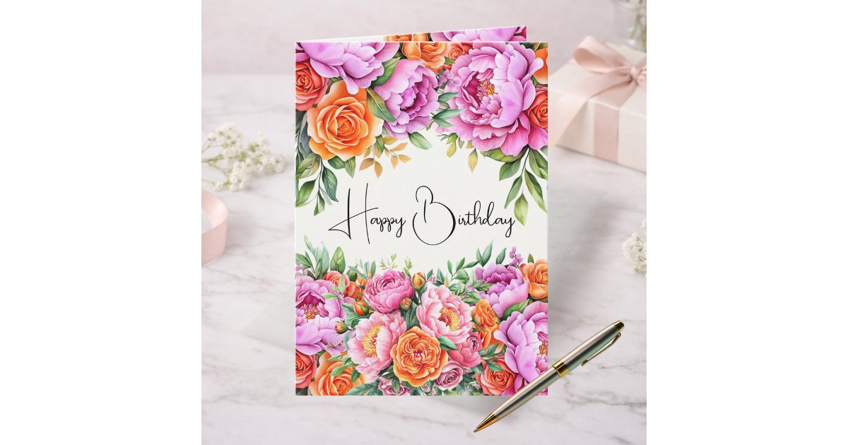 Elegant Pink Peonies Floral Happy Birthday Card | Zazzle