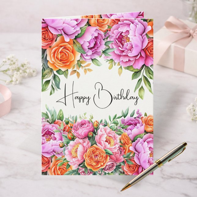 Elegant Pink Peonies Floral Happy Birthday Card (Creator Uploaded)
