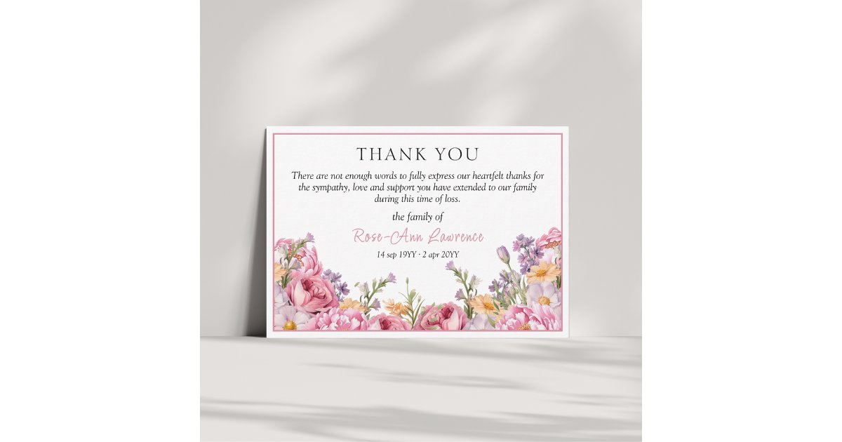 Elegant Pink Peonies Floral Sympathy Funeral Thank You Card | Zazzle