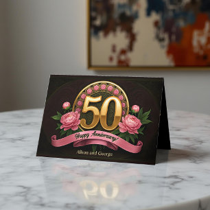 Elegant Pink Peonies Gold 50th Wedding Anniversary Card