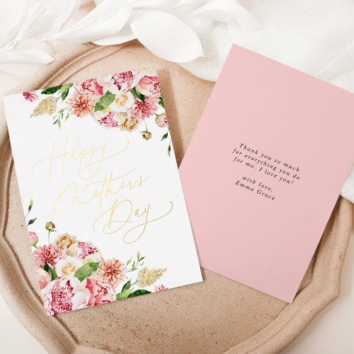Elegant Pink Peonies Happy Mothers Day Foil Holiday Card