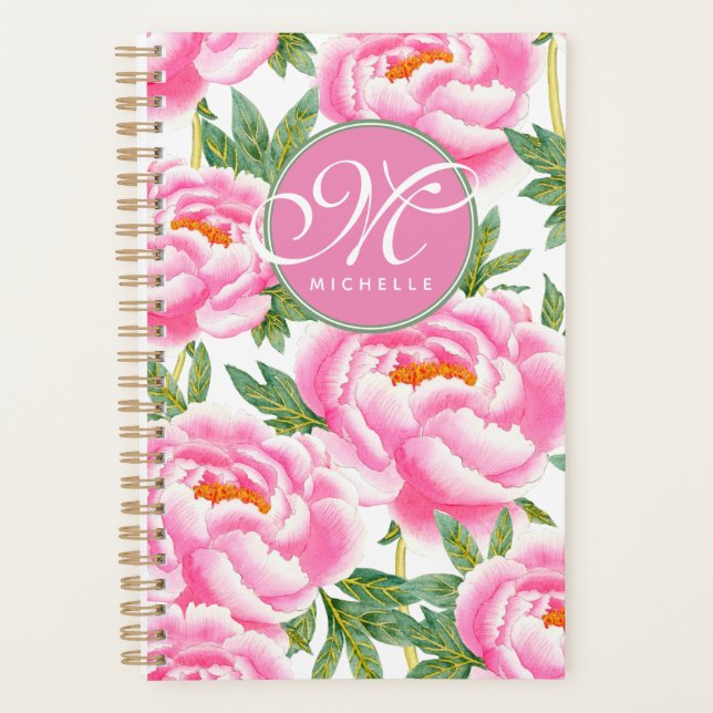 Elegant Pink Peonies Pattern - Monogrammed Planner (Front)