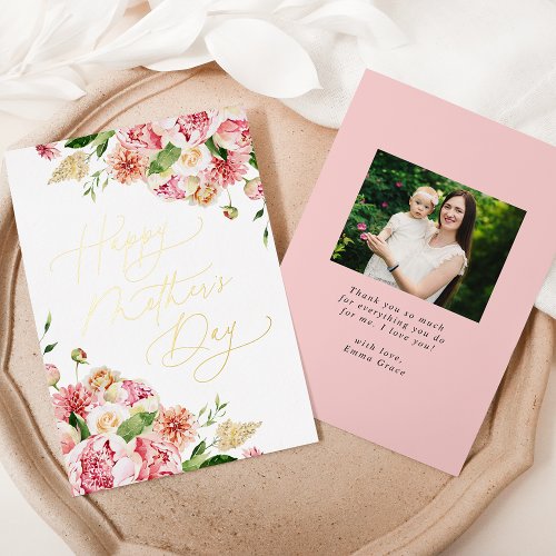 Elegant Pink Peonies Photo Mothers Day Foil Holiday Card