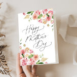 Elegant Pink Peonies Photo Mother's Day Holiday Card<br><div class="desc">Elegant, floral Mother's day greeting card featuring pink watercolor peonies, roses, dahlias, and hydrangeas with vibrant green leaves at the corners of the design. "Happy Mother's Day" is displayed on the front in modern calligraphy. The inside of the pink peony Mother's Day card displays your vertical photo with space for...</div>