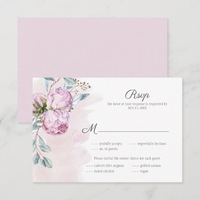 Elegant Pink Peonies Sage Greenery Wedding  RSVP Card (Front/Back)