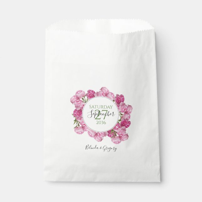 Elegant Pink Peonies Wedding Favor Bag (Front)