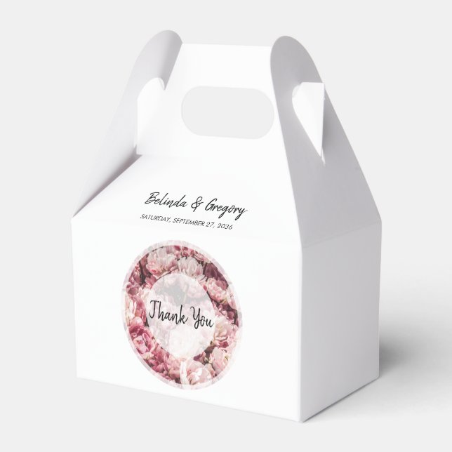 Elegant Pink Peonies Wedding Favor Boxes (Front Side)