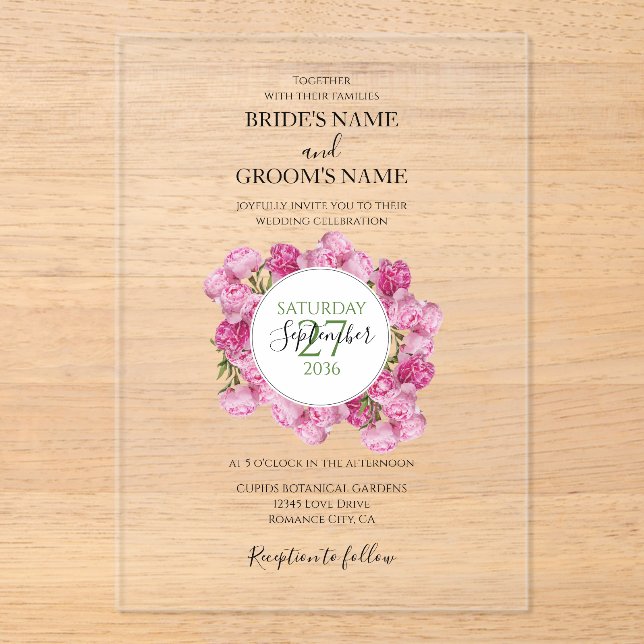 Elegant Pink Peonies Wedding Invitations (Front)