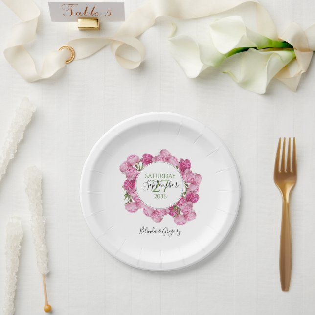 Elegant Pink Peonies Wedding Paper Plates (Wedding)