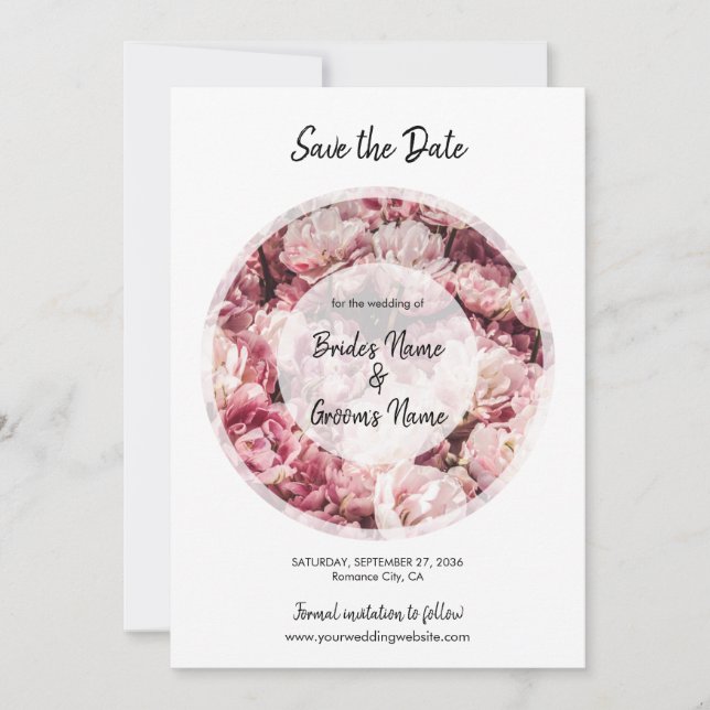 Elegant Pink Peonies Wedding Save The Date (Front)