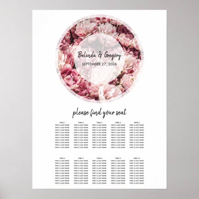 Elegant Pink Peonies Wedding Seating Chart (Front)