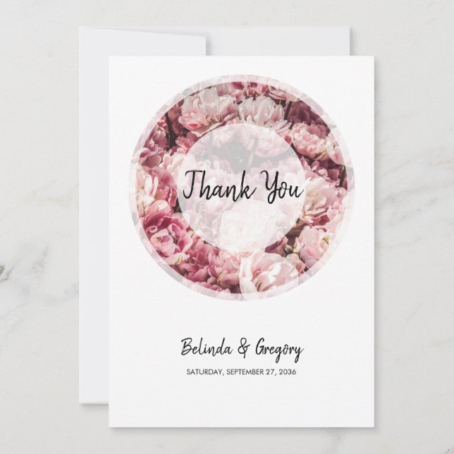 Elegant Pink Peonies Wedding Thank You Card (Back)