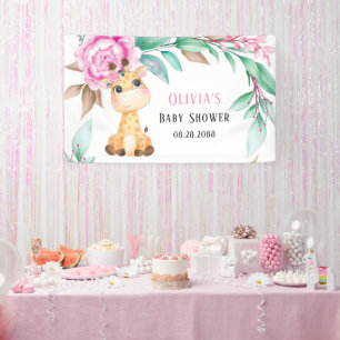 Elegant Pink Peony and a Cute Giraffe Baby Shower Banner