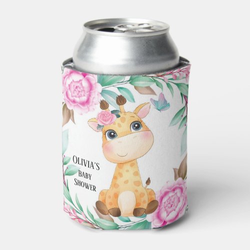 Elegant Pink Peony and a Cute Giraffe Custom Can Cooler