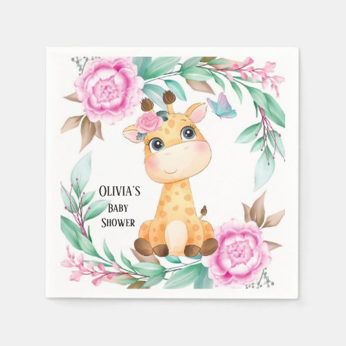 Elegant Pink Peony and a Cute Giraffe Custom Napkins