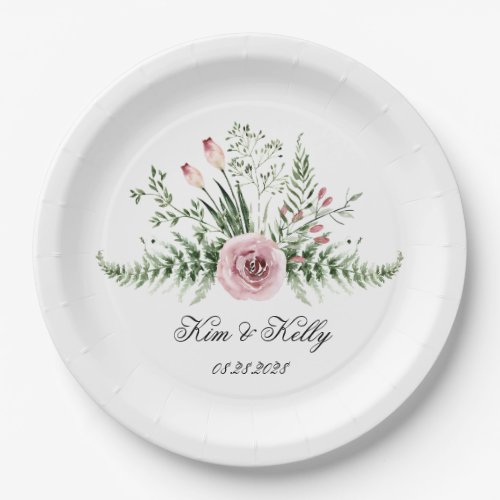 Elegant Pink Peony and Green Fern Wedding Paper Plates