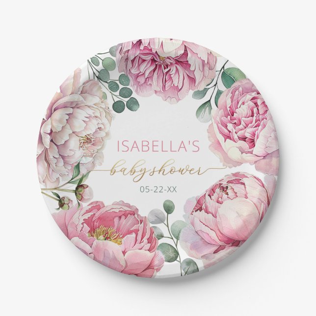 Elegant Pink Peony and Greenery Girl Baby Shower P Paper Plates (Front)