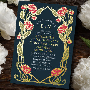 Elegant Pink Peony Art Nouveau Floral Wedding Foil Invitation