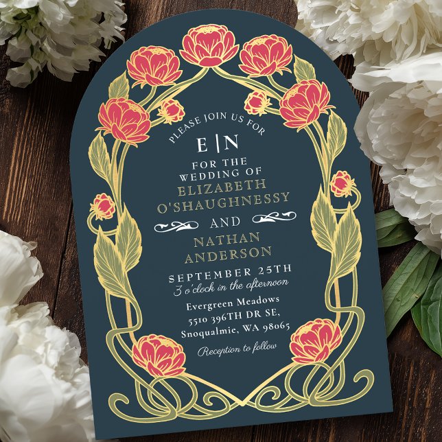 Elegant Pink Peony Art Nouveau Floral Wedding Invitation (Creator Uploaded)