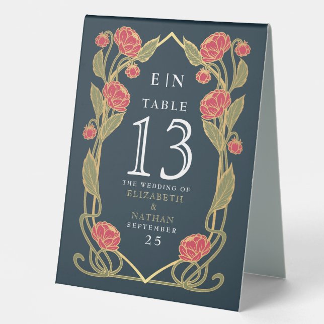 Elegant Pink Peony Art Nouveau Floral Wedding Table Tent (Front)