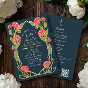 Elegant Pink Peony Art Nouveau QR Code Wedding Invitation